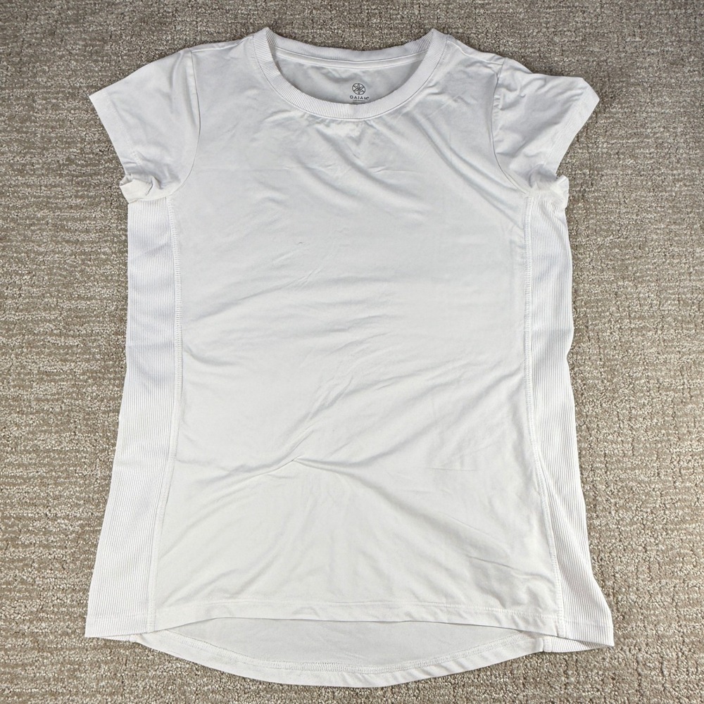 Gaiam Yoga Activewear T-Shirt Ribbed Side Panels White Small Polyester Women